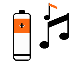 Illustration of an AA battery next to music notes